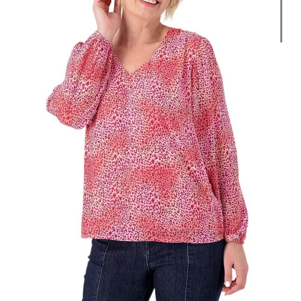 Belle Kim Graver Pink Blouse Cheetah Mixed Media Top Boho 1X Women Classic Work